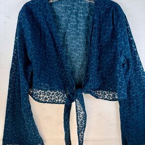 Fairycore Velvet Teal Shrug Burnout Daisy Print Tie Bell Sleeves Ballet Sz M